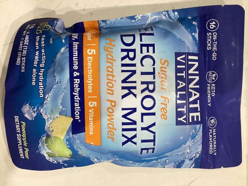Condition photo showing New/Like New for Innate Vitality Electrolytes Powder Packets, No Sugar, 5 Keto Electrolytes & Vitamins, Hydration Powder Packets, Easy to Dissolve, Natural Pineapple Pear Flavor, 16 Stickpacks