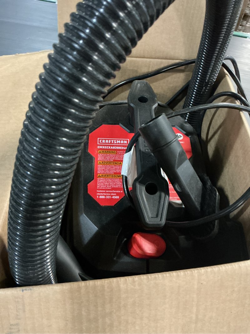 Condition photo showing As Is for craftsman 3-gallon 3 hp corded wet/dry shop vacuum with accessories included