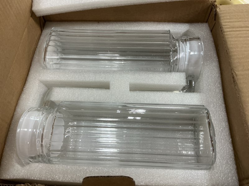 Condition photo showing New/Like New for glass pitcher with lid – 2 pack 34 oz glass water pitcher with handle, ribbed glass container with lid and vented spout for fridge shelf, iced tea, lemonade, juice
