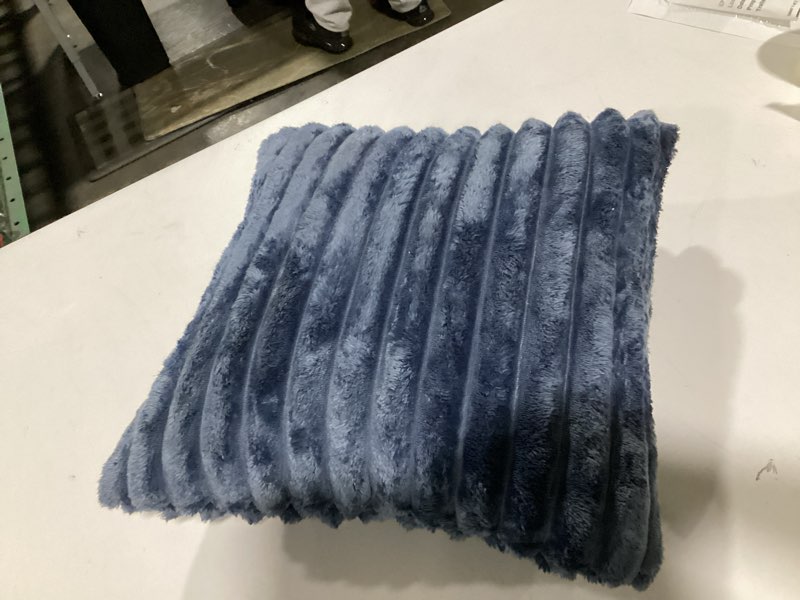 Condition photo showing As Is for All Smiles Couch Decorative Throw Pillow Covers 18x18 Faux Fur Plush Soft Fluffy Velvet Cushion Case Cozy Fuzzy Striped Pillowcase Home Decor for Bed Sofa Living Room,Navy Navy 18\" x 18\" 