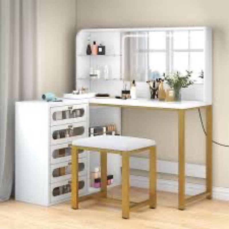 )( similar )Corner Makeup Vanity Desk With Mirror And Lights, 48\\\\\\\" L Shaped Vanity Set With Cushioned Stool & 5 Displayed Storage Drawers