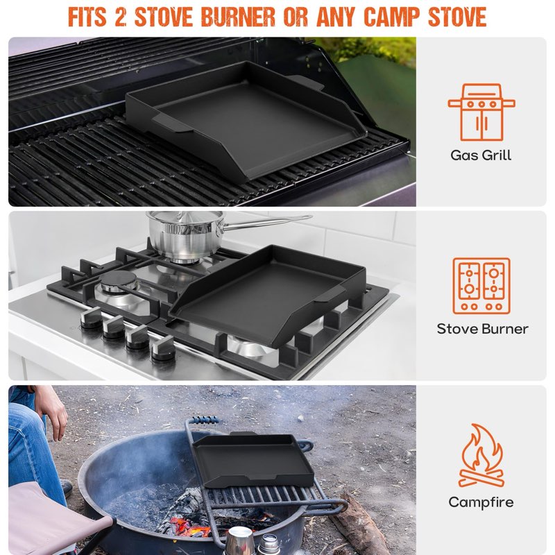 Onlyfire Universal Cast Iron Cooking Griddle for Grills and 2 Burner Range Oven, Non-Stick BBQ Flat 