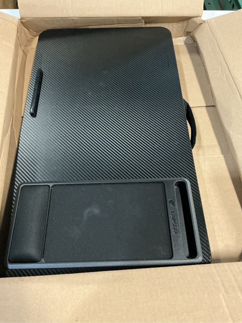 Condition photo showing Good Condition for lapgear home office lap desk with device ledge, mouse pad, and phone holder - black carbon - fits up to 15.6 inch laptops - style no. 91588 home office w/device ledge black carbon
