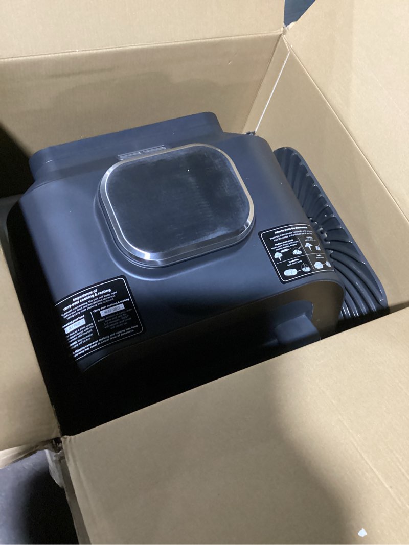 Condition photo showing As Is for ninja | indoor grill and air fryer| foodi smart xl | 6-in-1 grill, air fry, roast, bake, broil, dehydrate & crisp |smart thermometer & splatter shield | dishwasher safe parts | black/silver | fg551 6-in-1 with thermometer