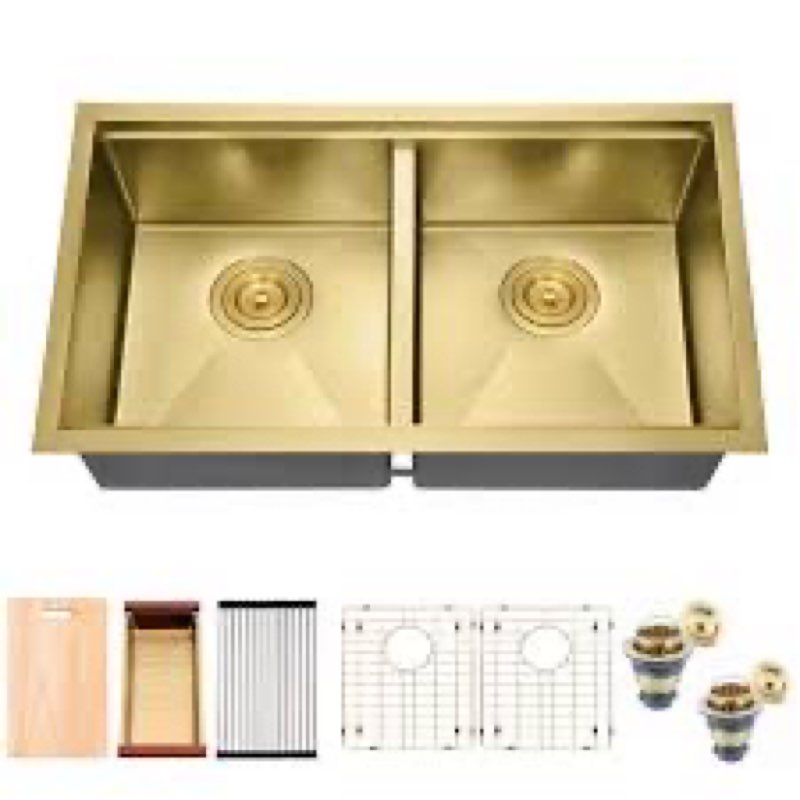 Blenzia 32'' Gold Undermount & Drop in Double Bowl Kitchen Sink, 50/50 Black