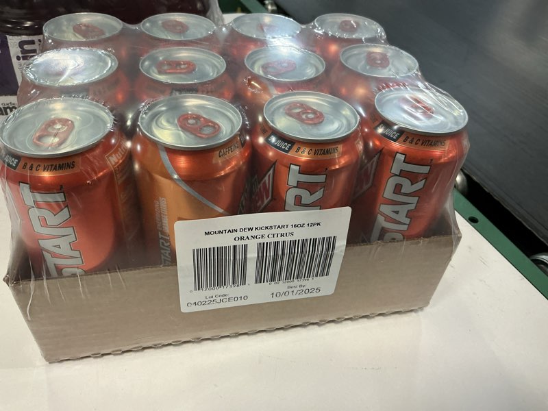 Condition photo showing Good Condition for (Best By 10/01/2025) Mountain Dew Kickstart, Orange Citrus, 92mg Caffeine, Vitamins B & C, 80 Calories, 5% Juice, 16 Fl Oz (Pack of 12) Orange Citrus 16 Fl Oz (Pack of 12)