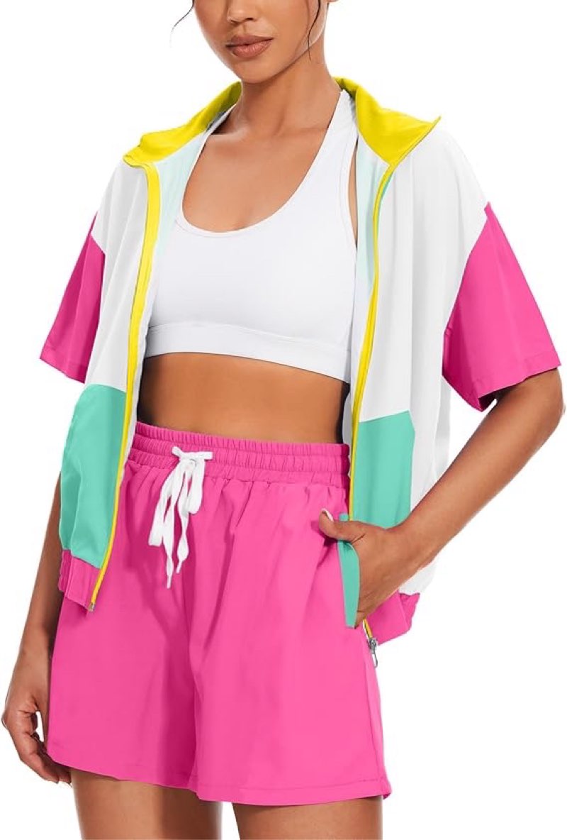 UOUA Women's 80s Color Block Outfits 2 Piece Tracksuit 90s Party Costume Summer Zip Up Windbreaker & Short Sets X-LARGE