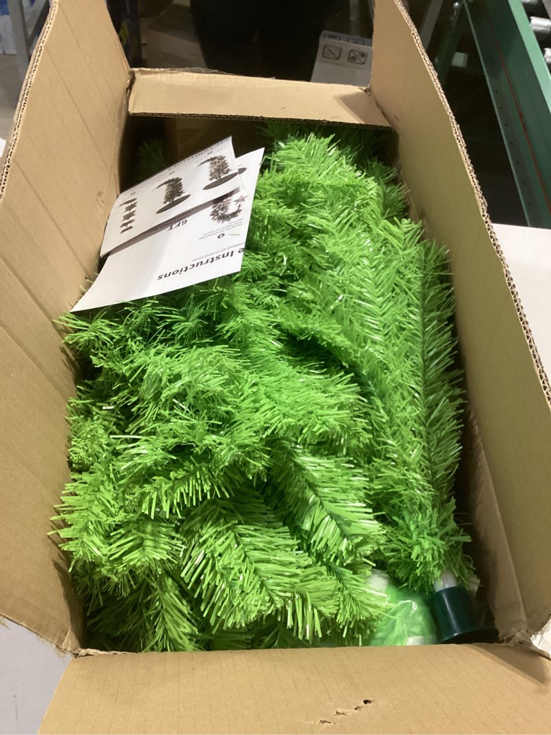 Condition photo showing As Is for HMASYO 6 FT Pop Up Tinsel Christmas Tree with 100 LED Timer Lights & Remote, Green Collapsible Artificial Pencil Tree with Snowflake Ornaments Xmas Decoration for Home, Office, Party, USB Powered 6ft Green - Snowflakes