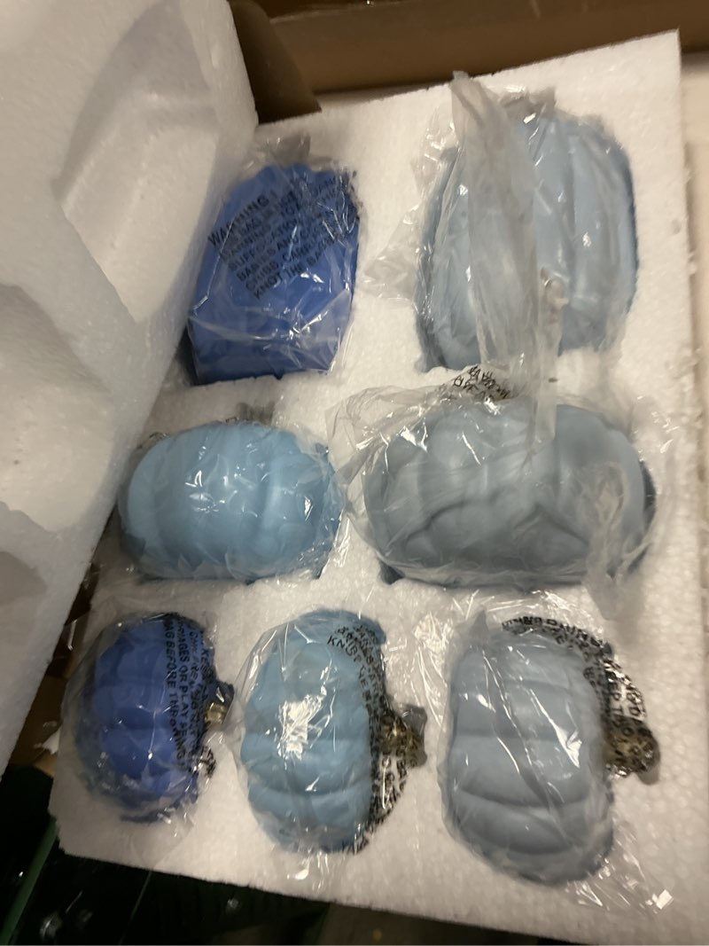 Condition photo showing New/Like New for WDS WONDROUS Fall Pumpkin Decor Set of 7 Thanksgiving Decorative, Artificial Fake Blue Pumpkins with Gold Stems Decorations for Home, Resin Pumpkins Set Harvest Gender Reveal Mantel Table Centerpiece