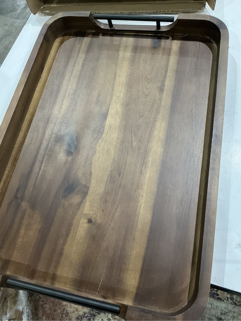 Condition photo showing As Is for large serving tray with handles - 20”x14” rectangle ottoman tray, wooden tray for ottoman, wooden ottoman tray for living room - decorative trays for coffee table with round edge (walnut color) walnut color 20" x 14" x 2"