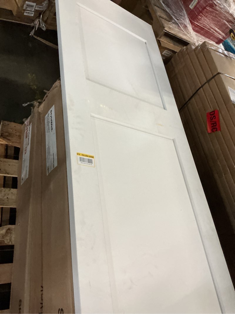 Condition photo showing As Is for 30 in. x 80 in. x 1-3/8 in. shaker white primed 2-panel solid core wood interior slab door