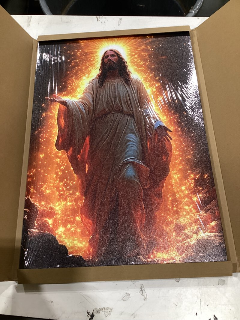 Condition photo showing New/Like New for christian jesus canvas wall art easter poster printing faith prayer sacred pictures wall decor bringing light from darkness modern jesus suitable for living room, bedroom, church, office room decor?16*24 ?canvas dark gold jesus canvas 24"l x 16"w