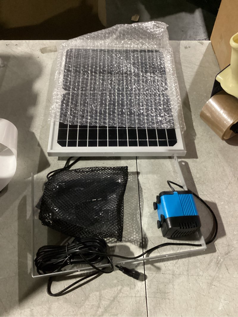 Condition photo showing Good Condition for Solar Fountain Pump, 20 Watt Solar Powered Water Pump 350GPH Flow Adjustable with 4 Style Sprayers & Barrier Bag for Outdoor Ponds, Water Features, Fish Tank, Waterfall, Hydroponics, Pool
