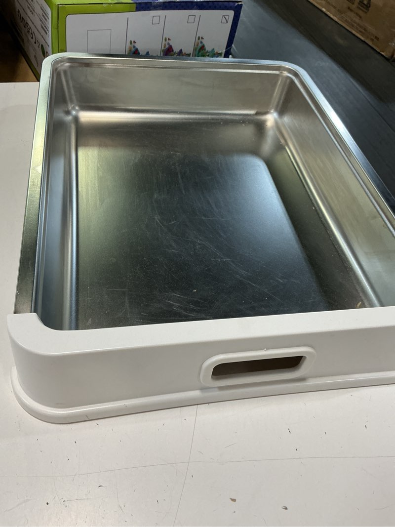 Condition photo showing As Is for (incomplete ) stainless steel cat litter tray with lid-foldable enclosed design with slide-out drawer, dual entry/exit, odour-free, leak-proof covered cat litter box, easy to clean cat toilet, scoop included, gray
