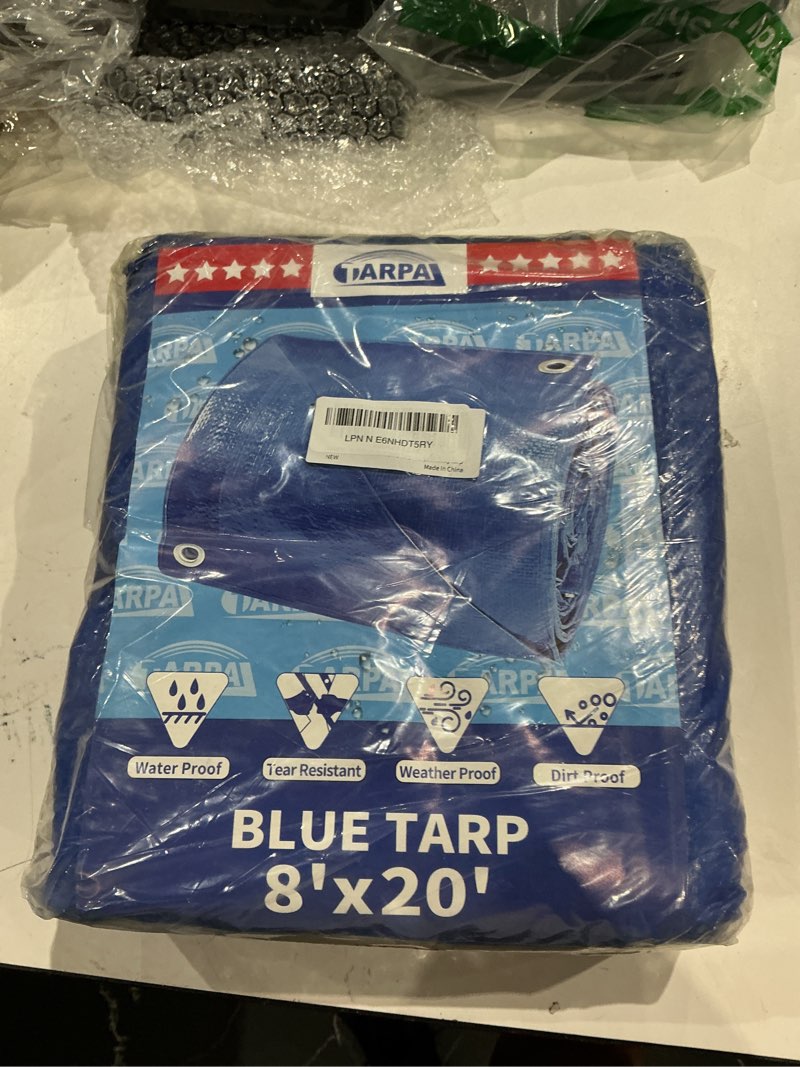 Condition photo showing As Is for tarpal 8x20 feet blue tarp, 8mil medium duty tarps waterproof, tear resistant with metal grommets, s