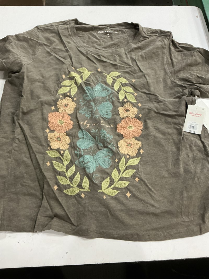 Condition photo showing New/Like New for Lucky Brand Women's Embroidered Butterfly Floral Classic Crew 1X Bungee Cord