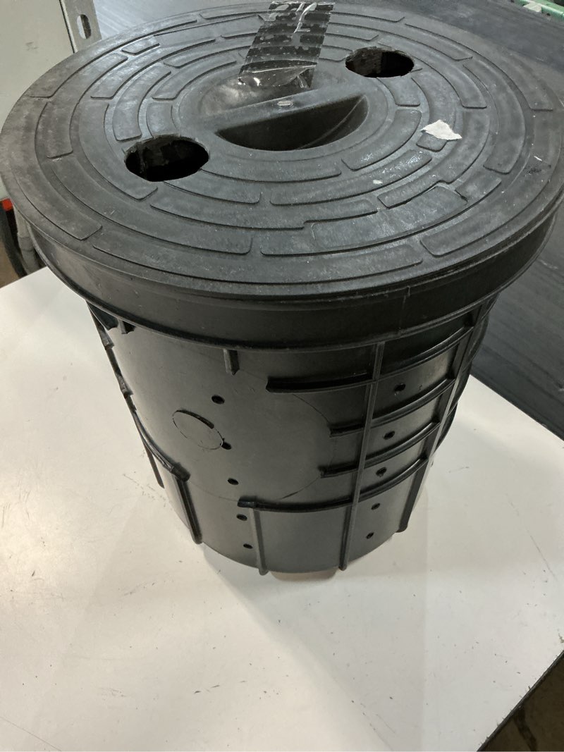 Condition photo showing As Is for perforated sump basin with lid sump pump basin bucket with drilled holes for crawl spaces,yards,patios and driveways(black,13 x 11.4 x 15 inch) black 13 x 11.4 x 15 inch