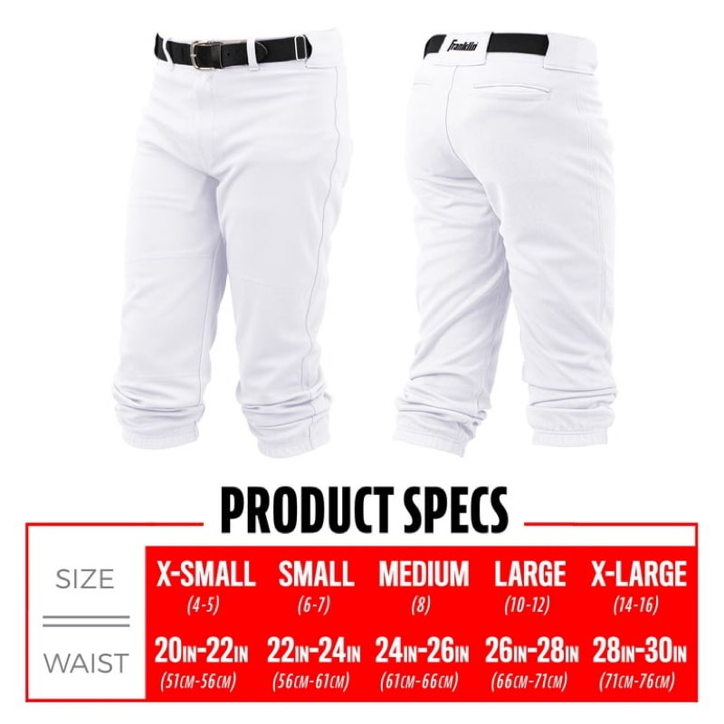franklin sports youth knicker style baseball + softball pants, white, youth large