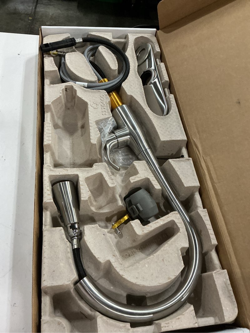 Condition photo showing As Is for KOHLER 596-VS Simplice Kitchen Sink Faucets with Pull Down Sprayer, 3-Spray Design, Vibrant Stainless Kitchen Faucets, High Arch Vibrant Stainless High Arch