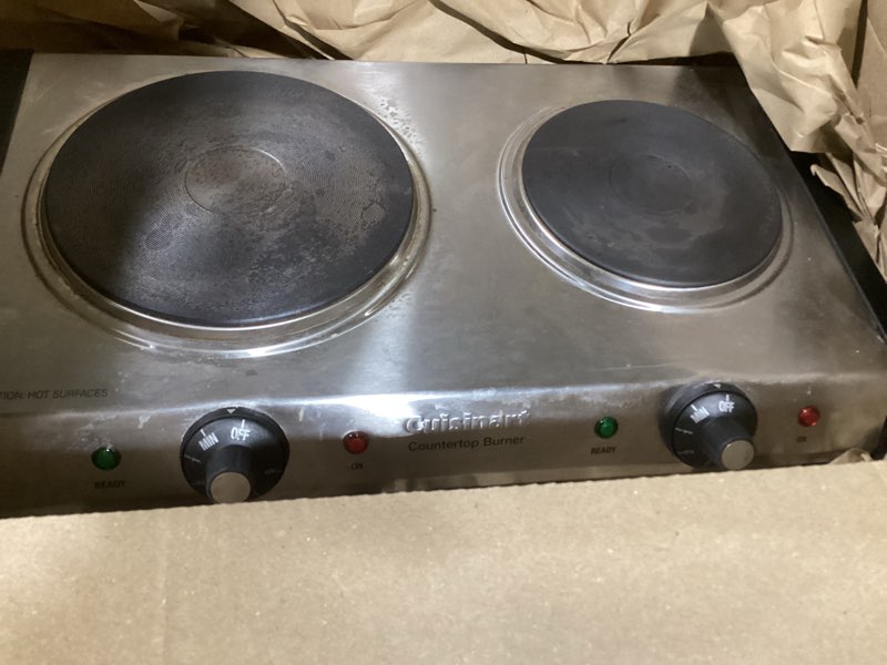 Condition photo showing As Is for cuisinart cb-60p1 countertop double burner, stainless steel/black cuisinart cast-iron double burner