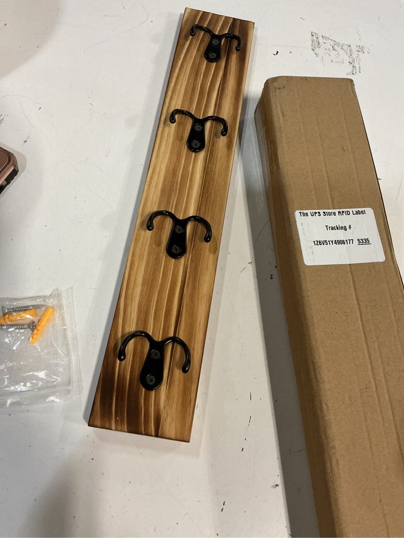 Condition photo showing Good Condition for ucec vertical key holder wall mount with hooks, space-saving wooden key holder for wall, easy install home organizer for keys, wallets, pet leashes – perfect for living room decor, entry, garage burnt wood finish