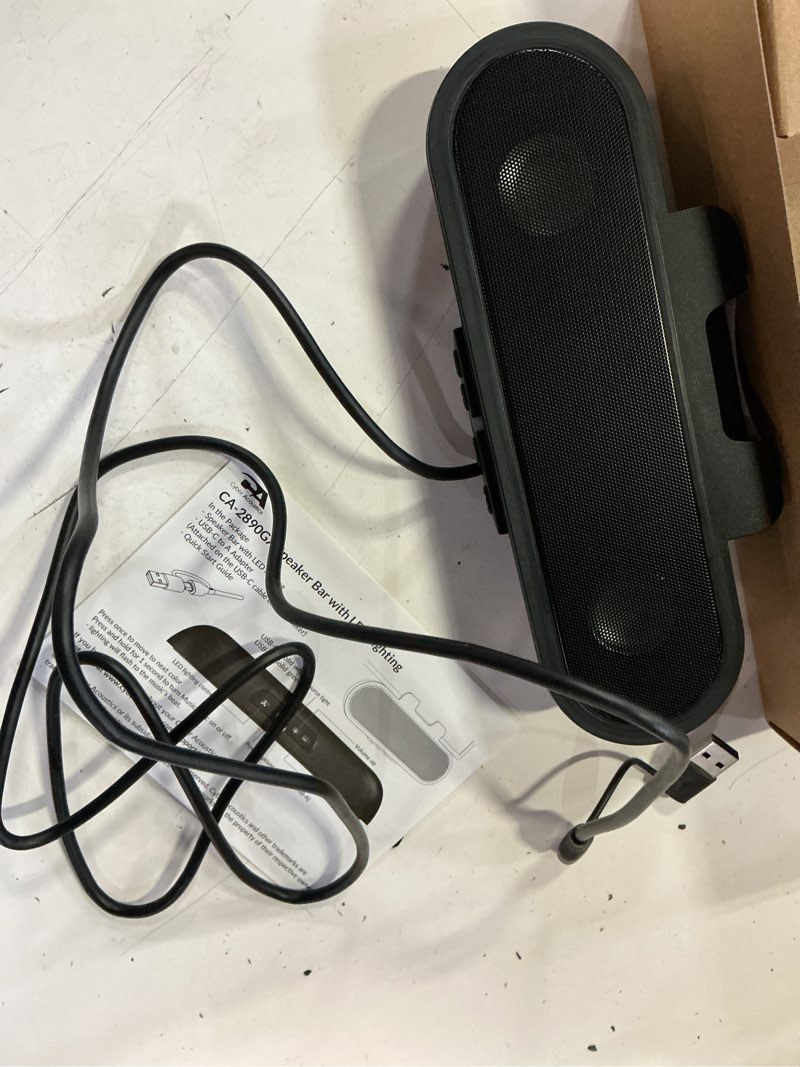 Condition photo showing Good Condition for cyber acoustics usb speaker bar with led lights (ca-2890gx) – usb powered speaker bar for pc and mac, dynamic led lights sync to music, clamps to monitors up to 1.5 inches, great for music and gaming usb & led