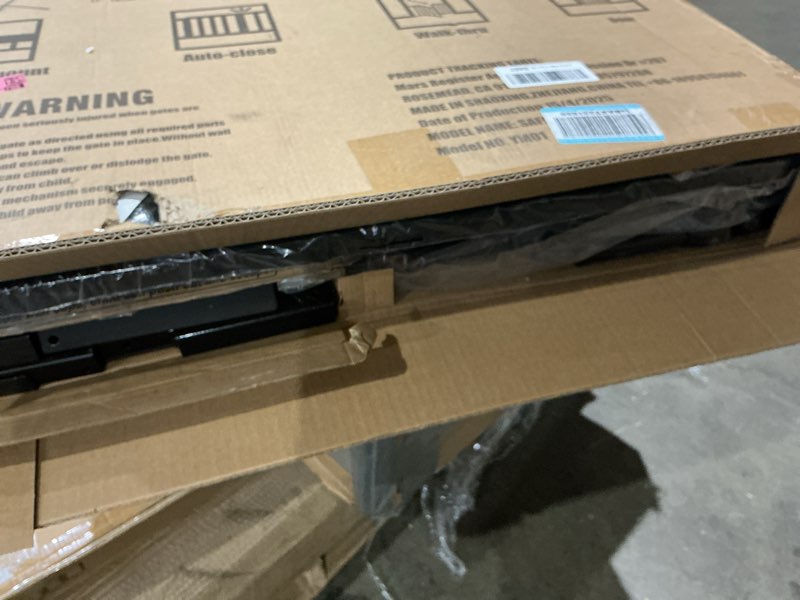 Condition photo showing As Is for extra wide baby dog gates for doorways tension indoor safety gates black metal large pressure mounted pet gate walk through dog gate for the house stairs (black, 86.3"-105"/219-267cm) 86.3"-105"/219-267cm black