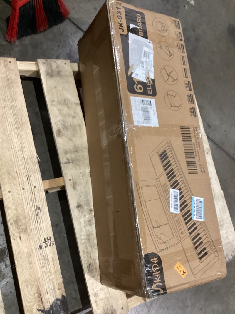 Condition photo showing As Is for 61 key keyboard piano, portable electric piano keyboard w/lcd screen, built-in speakers, headphones, stand, stool, music rest, microphone, 300 timbres, 300 rhythms jikada-61 key keyboard kit