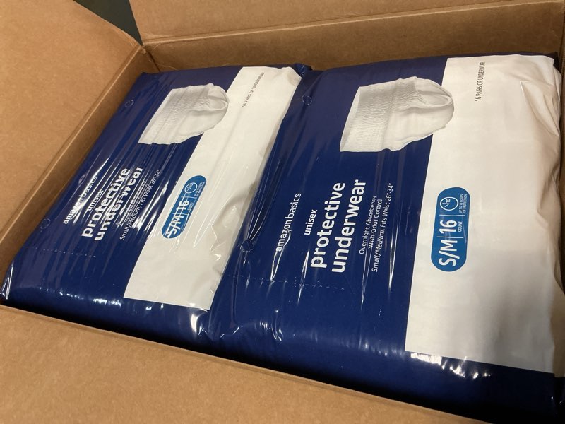 Condition photo showing New/Like New for amazon basics unisex protective underwear, overnight absorbency, small/medium, 64 count, (4 packs of 16) small/medium 64.0