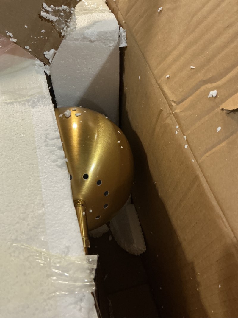 Condition photo showing As Is for jonathan y 23.5" brass gold and white stephen metal and marble led table lamp, modern arched task lamp for living room bedroom office, led bulb included jyl6000a