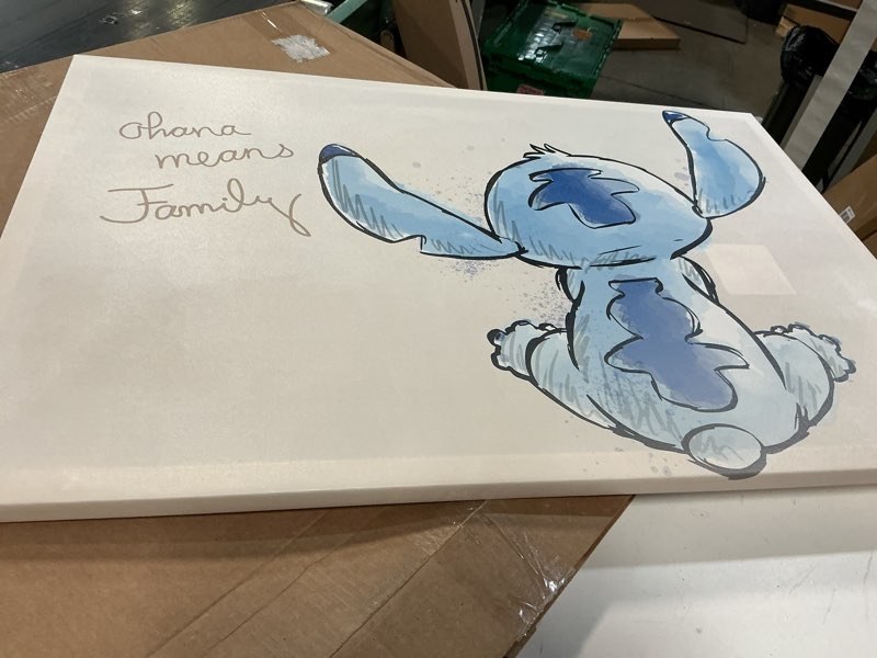 Condition photo showing Good Condition for Open Road Brands Disney Lilo and Stitch Back View Ohana Means Family Gallery Wrapped Canvas Wall Decor - Large Stitch Wall Art for Home Light Blue