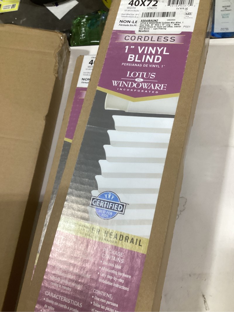 Condition photo showing New/Like New for LOTUS & WINDOWARE Cordless Mini Blind, 1" Vinyl Slats, 40" Wide x 72" Long - White, Window Blinds for Home and Office, Interior Door Blinds - Light Filtering 40"W x 72"H White