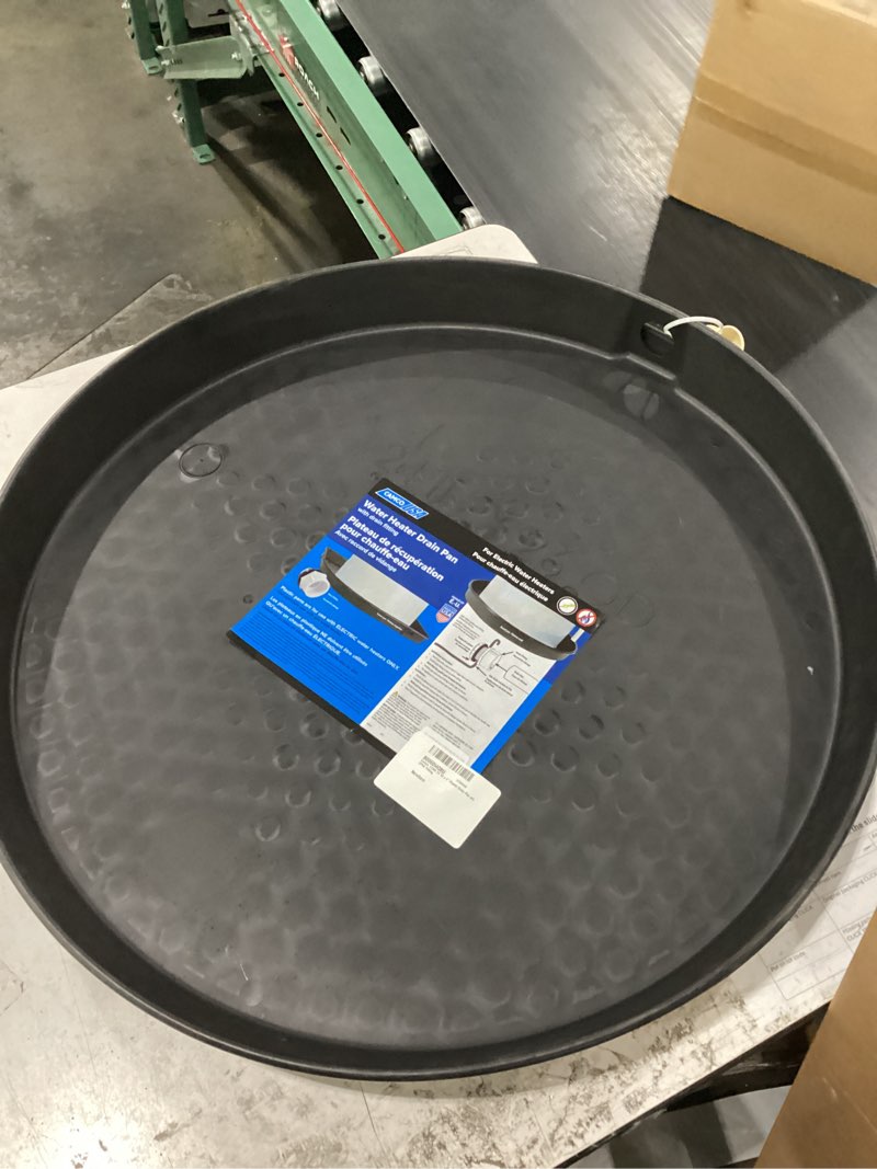 Condition photo showing New/Like New for camco 22 inch plastic electric water heater drain pan for leaks and water overflow, utility drip tray with pre-cut side opening and pvc spout fitting pvc fitting 22" id