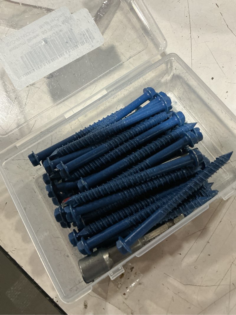 Condition photo showing Good Condition for 1/4" x 3" concrete screws, 50 pcs blue hex washer head concrete screws anchor kit with drill bit and hex bit socket, for masonry, cement, block, brick or stucco 1/4 x 3" blue hex head