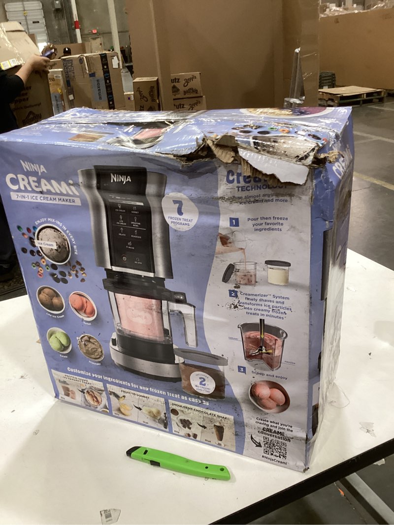 Condition photo showing As Is for creami ice cream maker, silver, 7-speed, for gelato, mix-ins, milkshakes