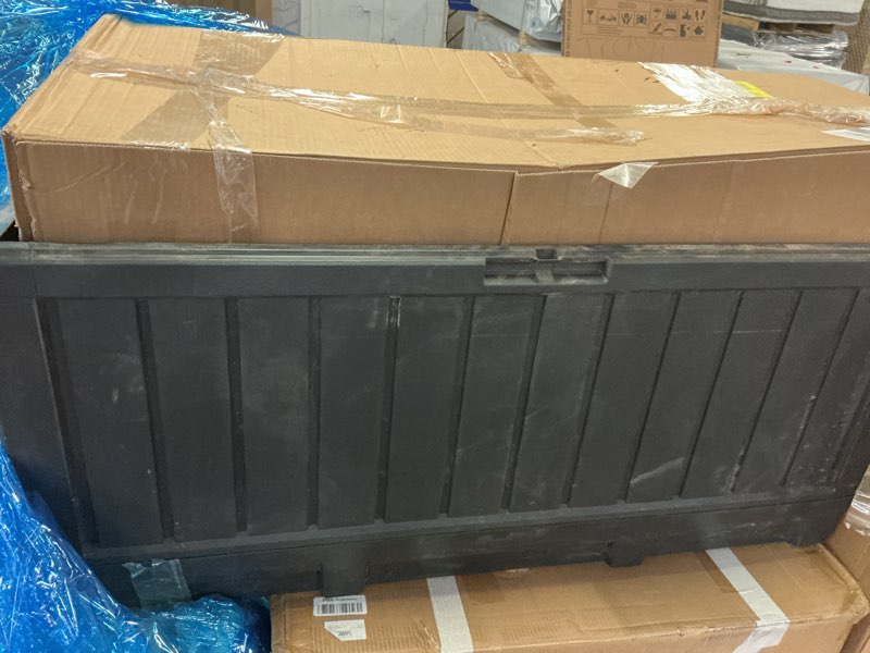 Condition photo showing As Is for Keter Marvel Plus 71 Gallon Resin Deck Box-Organization and Storage for Patio Furniture Outdoor Cushions, Throw Pillows, Garden Tools and Pool Toys, Dark Grey Graphite