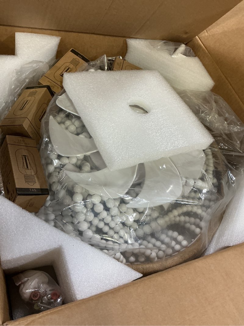 Condition photo showing As Is for Ceiling Fans with Lights and Remote - Bulbs Included, Caged Fandelier with Handcrafted Beaded Décor 19 inches Reversible Flush Mount Installation Ceiling Fan, White