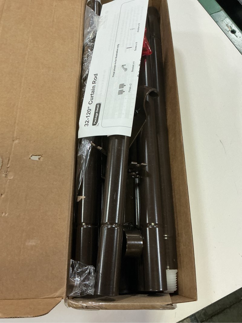 Condition photo showing As Is for Curtain Rods Bronze 32 to 120 Inches, HOTOZON 1 Inch Heavy Duty Curtain Rods for Windows 20 to 110 Inches(1.6-9.1 ft), Telescoping Adjustable Drapery Rod with Simple End Cap Finials Bronze 32-120"