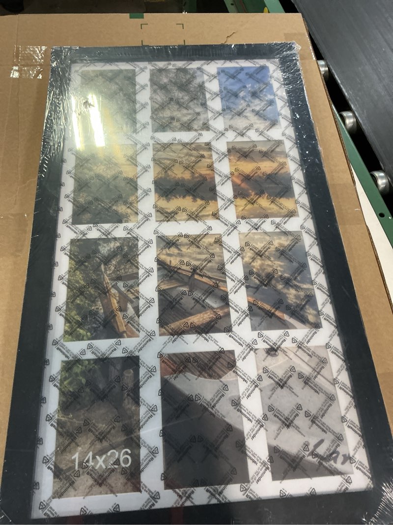 Condition photo showing New/Like New for 14x26 Collage Picture Frame 4x6 Collage Picture Frame Displays Twelve 4x6 inch Photos Available Horizontal Wall Mounting Display and Vertical Black Black 14x26?4x6 opening?(similar product)