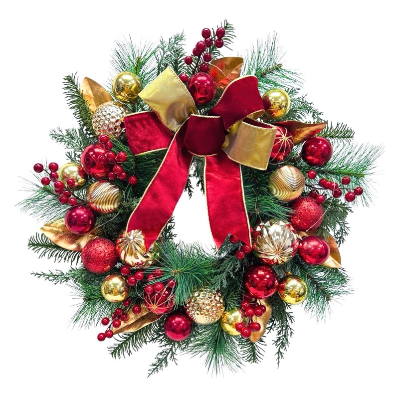 24 Inch Lighted Christmas Wreath Xmas Ball Wreath with Timer Glitter Christmas Ball Ornaments Red Berries Pine Needles and Red Bow for Outdoor Home Wall Window Holiday Decor