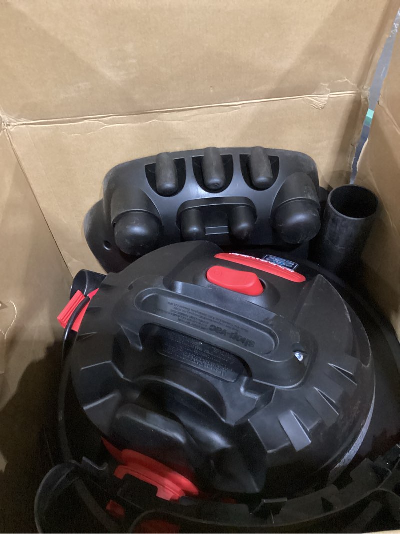 Condition photo showing As Is for shop-vac 8251205 12 gallon, wet/dry utility vacuum, 5.5 peak hp, svx2 motor technology, 2.5 inch diameter x 8 ft hose, 20 ft cord, black, includes blower port, ideal for garage and workshop