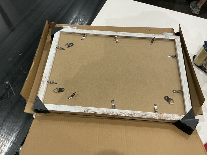 Condition photo showing Good Condition for 12x18 frame set of 2, distressed white wood style, display 12 x 18 poster without mat or 8.5x11 picture with mat, wall mounting horizontal and vertical distressed white 12x18 in