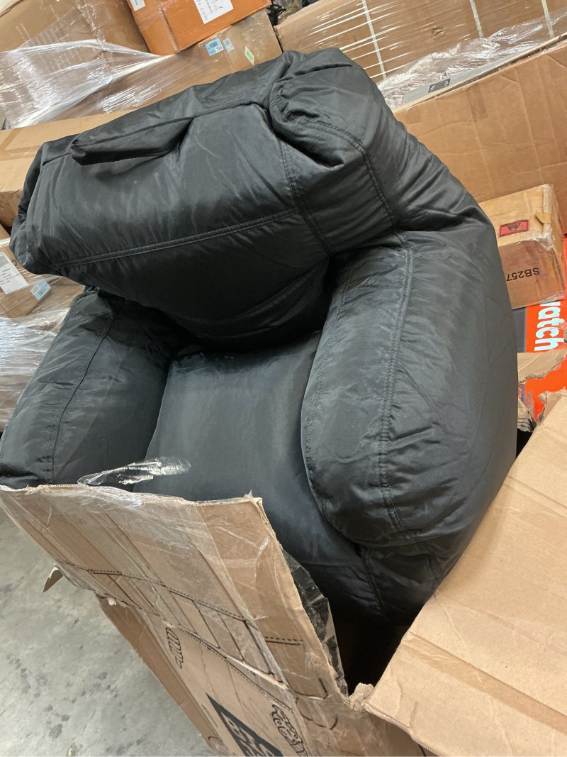 Condition photo showing As Is for big joe dorm bean bag chair with drink holder and pocket, two tone black smartmax, durable polyester nylon blend, 3 feet stretch limo black dorm two tone