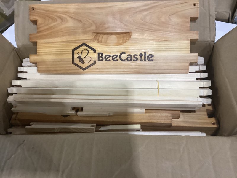 Condition photo showing As Is for missing parts**** beecastle 10 frame medium super bee hive box, langstroth honey bee hive dipped in 100% beeswax include beehive frames and wax foundations (unassembled) 10-frame