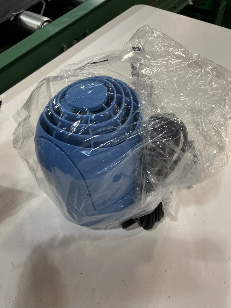 Condition photo showing As Is for vornado flippi v6 compact air circulator fan, 3.2" tabletop fan, adjustable head, 2 speeds, blue