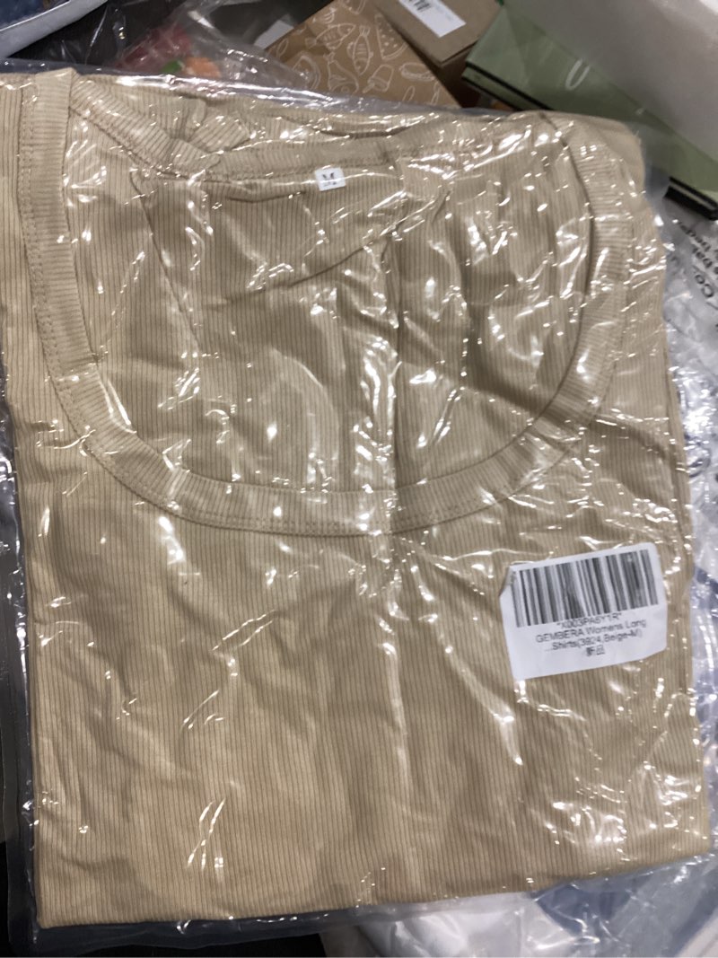 Condition photo showing New/Like New for GEMBERA Womens Long Sleeve Scoop Neck Ribbed Knit Tops Casual Slim Fitted Basic Shirts Medium Beige
