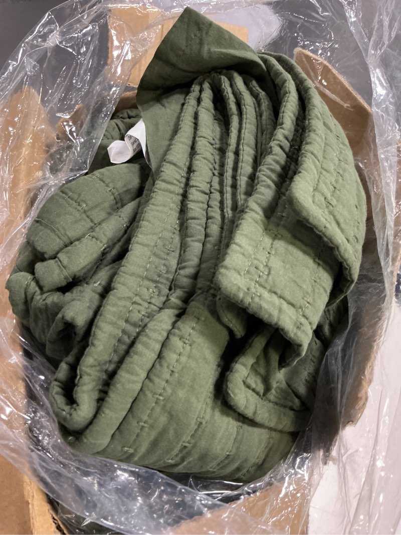 Condition photo showing Good Condition for wdcozy 100% cotton king size quilt set - olive green striped pick stitch soft lightweight bedspread, textured like linen, farmhouse country rustic coverlet, shabby chic gauze bedding, 3 pieces olive king (106"x96")
