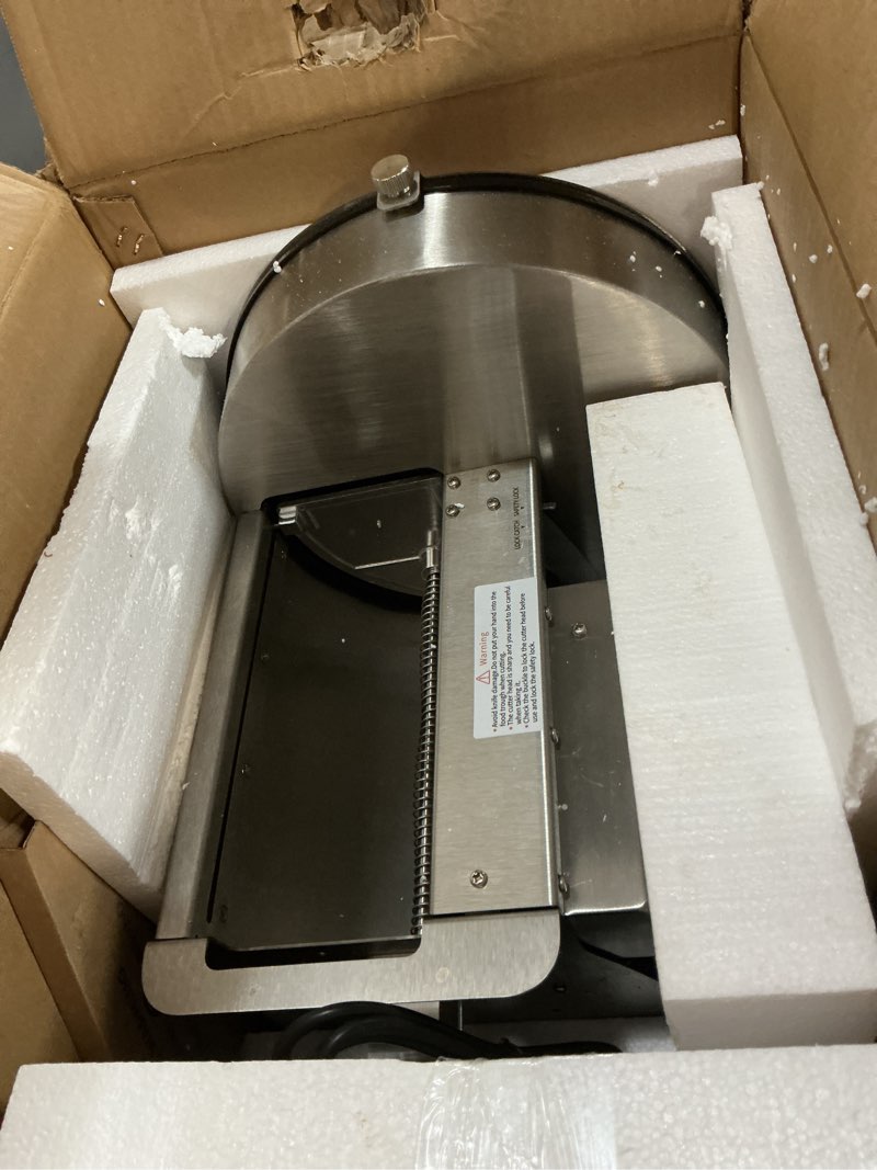Condition photo showing As Is for Newhai Commercial Vegetable Slicer Electric Potato Slicing Machine Sweet Potato Slicer Automatic Fruit Slicer 0-10mm (0-0.4’’) Stainless Steel for Cabbage Onion Tomato (110V US Plug)