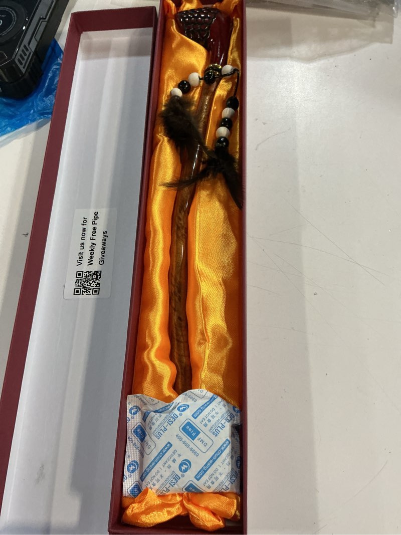 Condition photo showing Good Condition for Extra Long 14" Stem Churchwarden Pipe - With Indian Spirit Feathers & Beads - Hand Made Wood Smoking Bowl - in Gift Box Rusticted