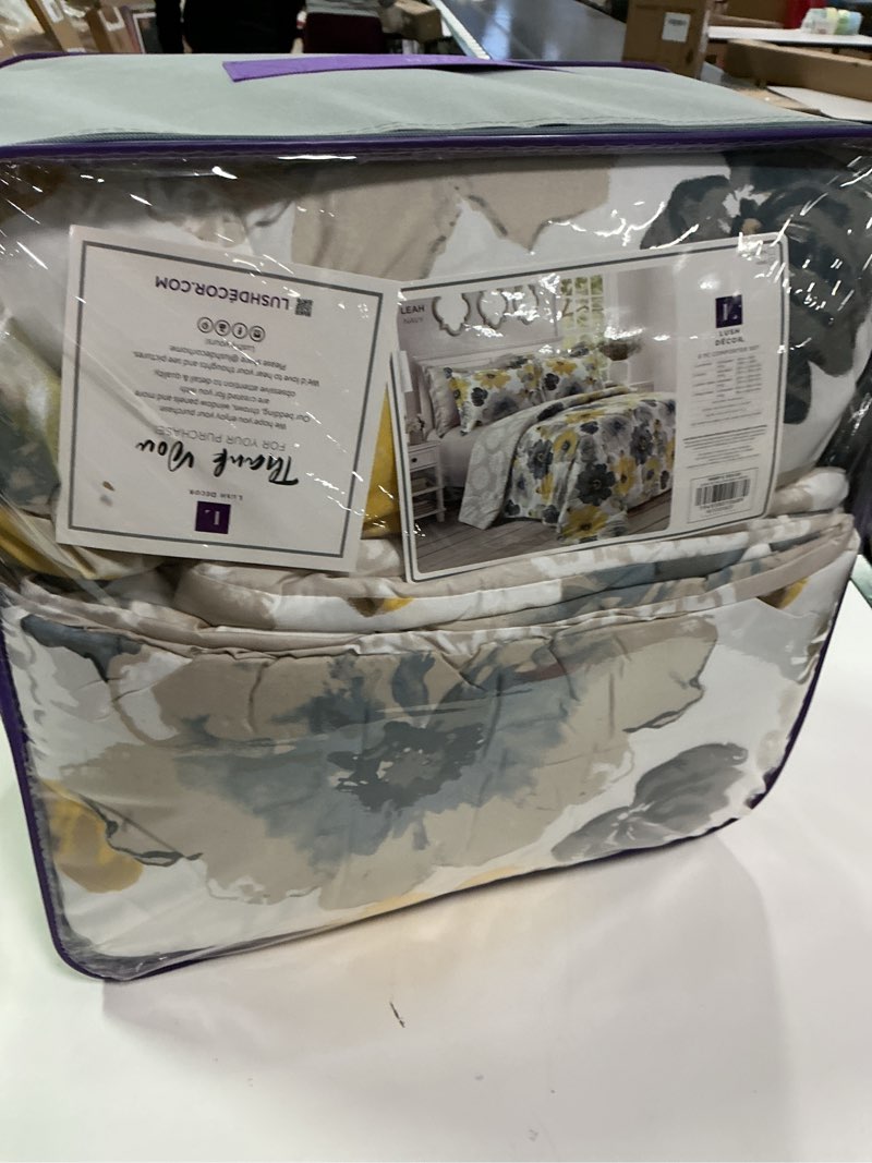 Condition photo showing New/Like New for Lush Decor Leah Reversible Comforter Set, 6 Piece Set, King, Yellow & Gray - Large Blooming Watercolor Flowers - Charming Floral Bedding Set With Pillow Cases & Fitted Sheet